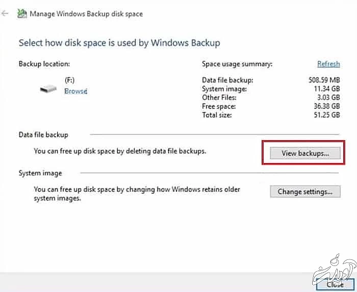 گزینه View backups را انتخاب کنید حذف بکاپ های ویندوز
